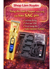 Tông đơ Hair Clipper màu vàng có báo SẠC pin có hộp đựng chui sạc USB 4 cữ tông đơ SIÊU MẠNH TURBO