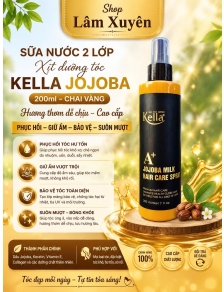 Sữa Nước 2 Lớp Xịt dưỡng tóc Kella Jojoba 200ml chai vàng hương thơm dễ chịu phục hồi giữ màu tóc.