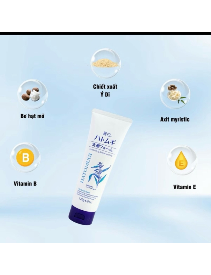 Sửa rửa mặt Hatomugi trắng tuýp 170g dưỡng trắng,dưỡng ẩm, sạch nhờn,ngừa mụn,an toàn mọi loại da.