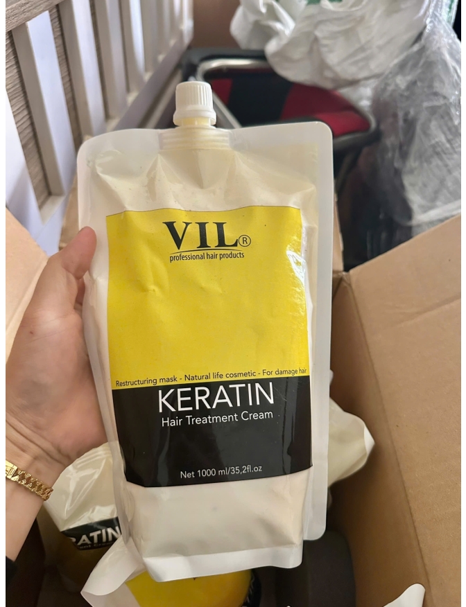 Hấp dầu Keratin VIL 1000ml túi GIÁ Rẻ dạng kem màu vàng hồi phục nuôi dưỡng hạn chế khô xơ chẻ ngọn